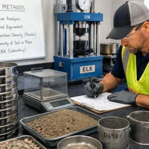 A technician records aggregate and soil testing results in a laboratory using AASHTO testing methods.
