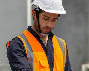 Construction professional wearing a hard hat and safety vest representing ACI Carolinas Individual Membership.