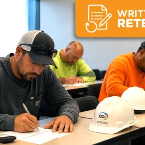 Concrete certification candidates completing a written retest during an ACI Carolinas certification exam.