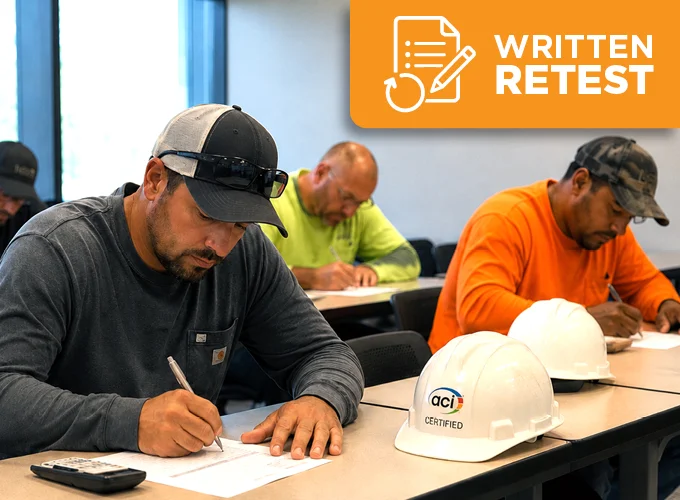Concrete certification candidates completing a written retest during an ACI Carolinas certification exam.