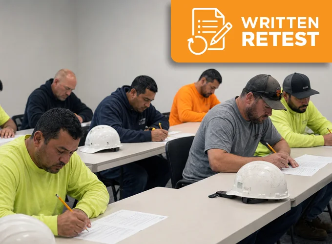 Concrete construction workers taking a written certification test in a classroom with hard hats on the desks.