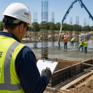 Concrete Construction Special Inspector reviewing a clipboard at an active concrete placement site with workers and rebar in the background.