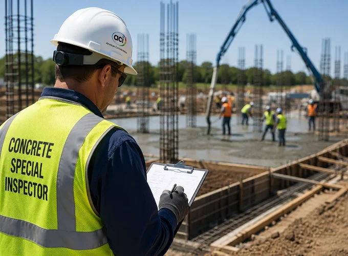 Concrete Construction Special Inspector reviewing a clipboard at an active concrete placement site with workers and rebar in the background.