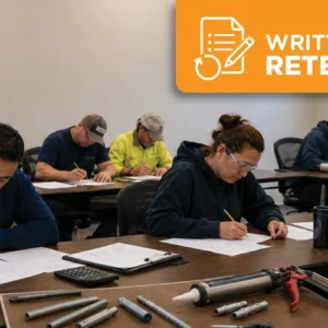 Multi-racial group of construction professionals taking an adhesive anchor written retest in a classroom with anchor installation tools on the table.