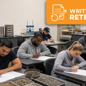 Diverse group of aggregate testing technician candidates taking a Level 2 written exam in a materials testing lab.