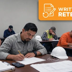 Construction professionals taking a written retest for Concrete Construction Special Inspector certification in a classroom setting.