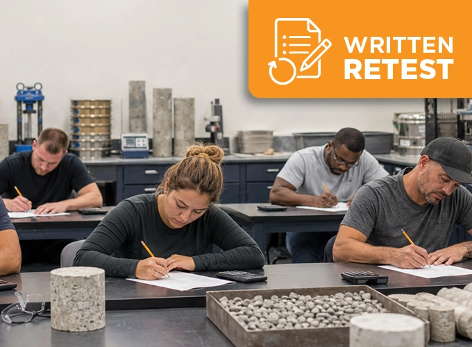 Concrete Laboratory Testing Technician Level 2 candidates taking a written exam in a lab classroom with concrete cylinders, aggregate samples, calculators, and testing equipment.