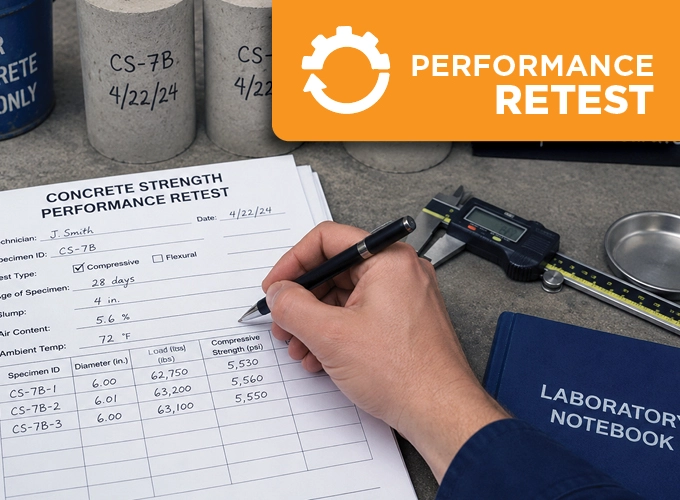 Concrete strength testing technician recording performance retest results with concrete cylinders, calipers, and lab tools nearby.