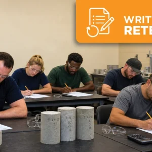Concrete strength testing candidates taking a written retest in a laboratory classroom with concrete cylinders and testing equipment nearby.