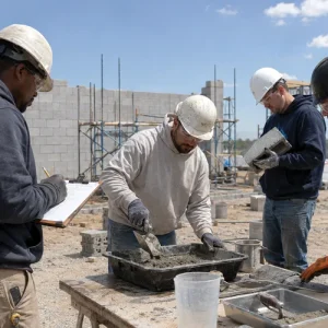 Masonry field testing technicians preparing mortar and grout samples at an active masonry construction site.