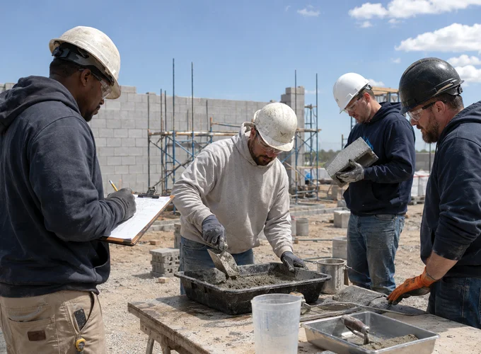 Masonry field testing technicians preparing mortar and grout samples at an active masonry construction site.