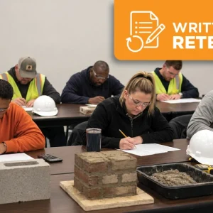 Masonry field testing candidates taking a written retest in a classroom with masonry units, mortar samples, and testing tools on the table.