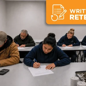 Masonry laboratory testing candidates taking a written retest in a classroom with masonry units, mortar samples, and testing materials on the table.