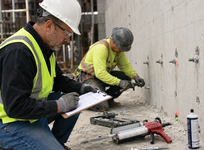 Concrete anchor installation inspector recording results while a worker installs post-installed anchors in a concrete wall.