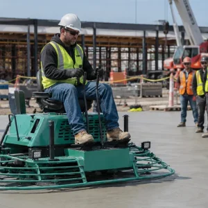 Concrete finisher operating a ride-on power trowel to smooth a freshly finished concrete slab.